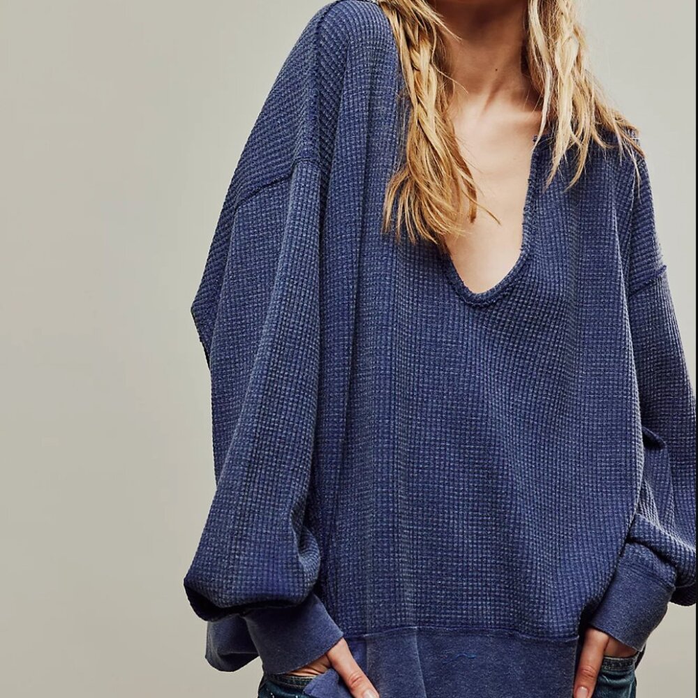 Free People We The Free Buttercup Thermal L Top Shirt Ink Blue